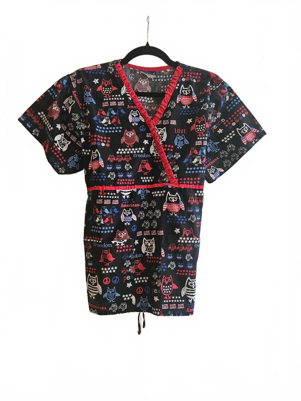 Tafford Women's "Americana Owls" Mock-Wrap Scrub Top-Size Medium